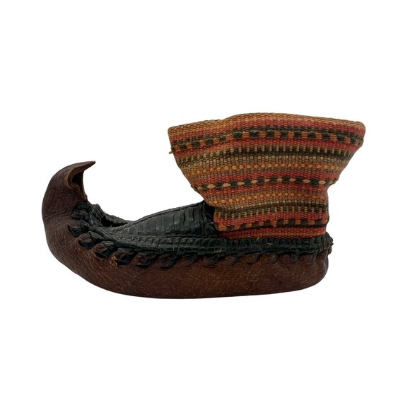 Decorative Vintage Leather Miniature Shoe with Textile Top 5″ Long Curled Toe - Picture 2 of 5